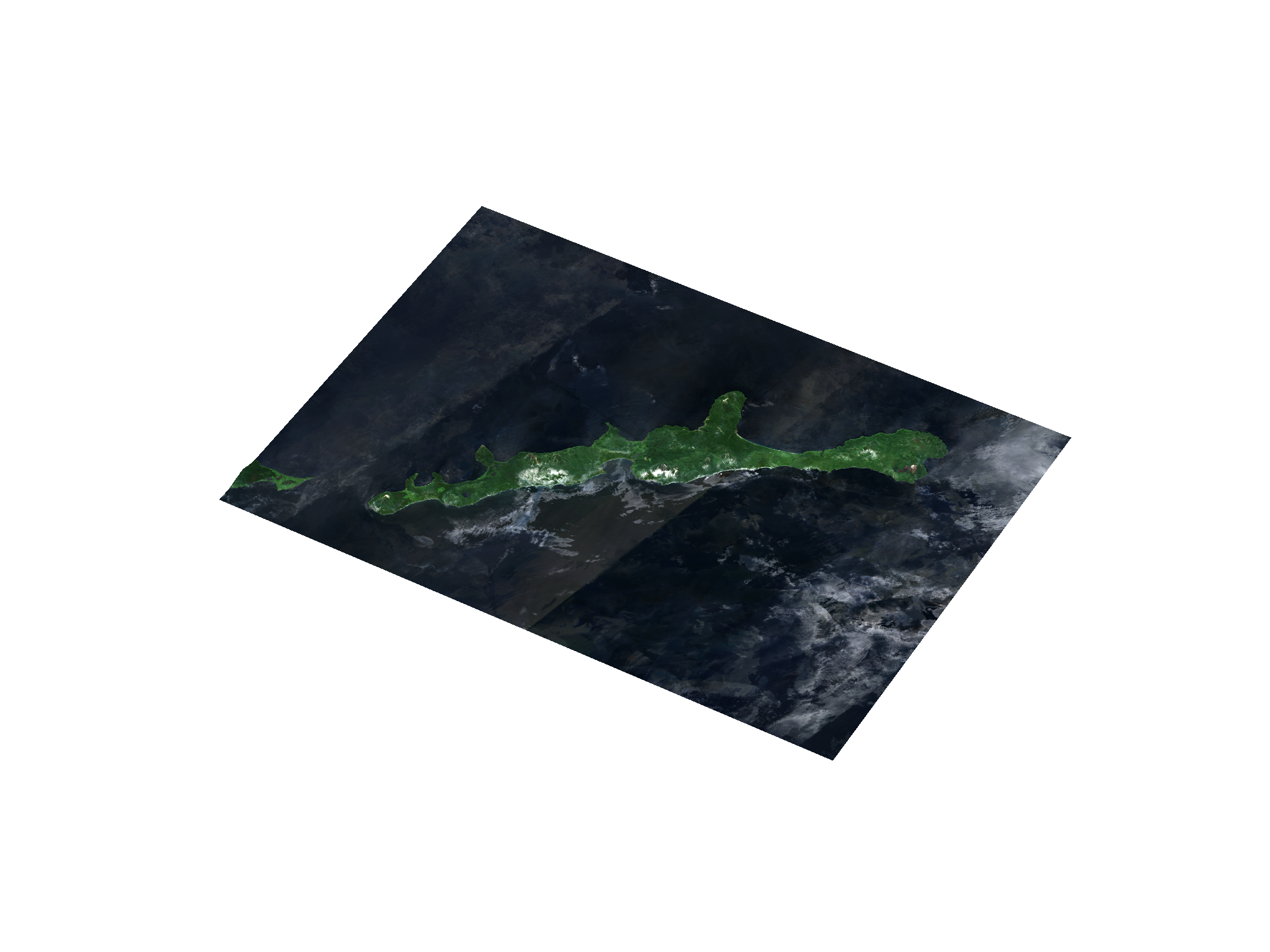 Sentinel-2 L2Aの観測データと地形データで作成した択捉島の鳥瞰図。東西に細長い島の輪郭と、山頂付近の雲・残雪が見える