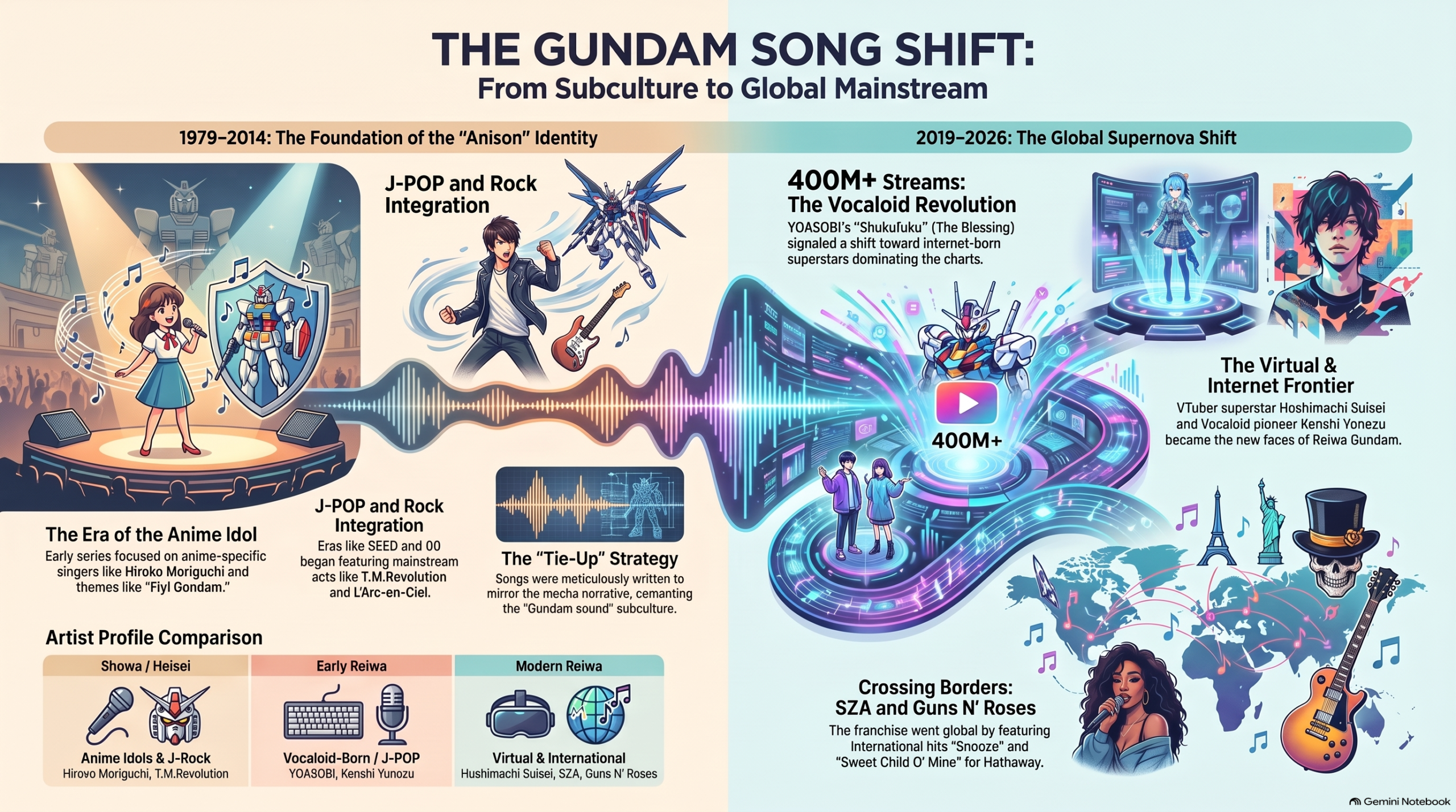 令和ガンダムの主題歌シーンの変遷を示すインフォグラフィック THE GUNDAM SONG SHIFT