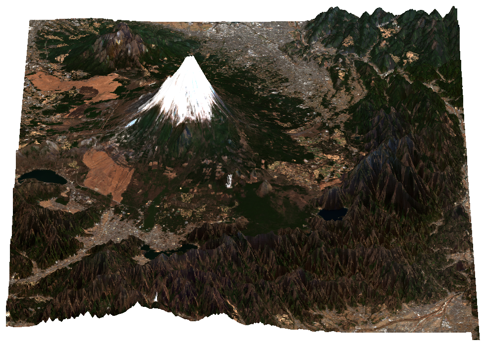 Sentinel-2と国土地理院DEMで作成した富士山の鳥瞰図。山梨県側（北）から南を向いた視点で、手前に河口湖・山中湖、中央に冠雪した富士山が見える