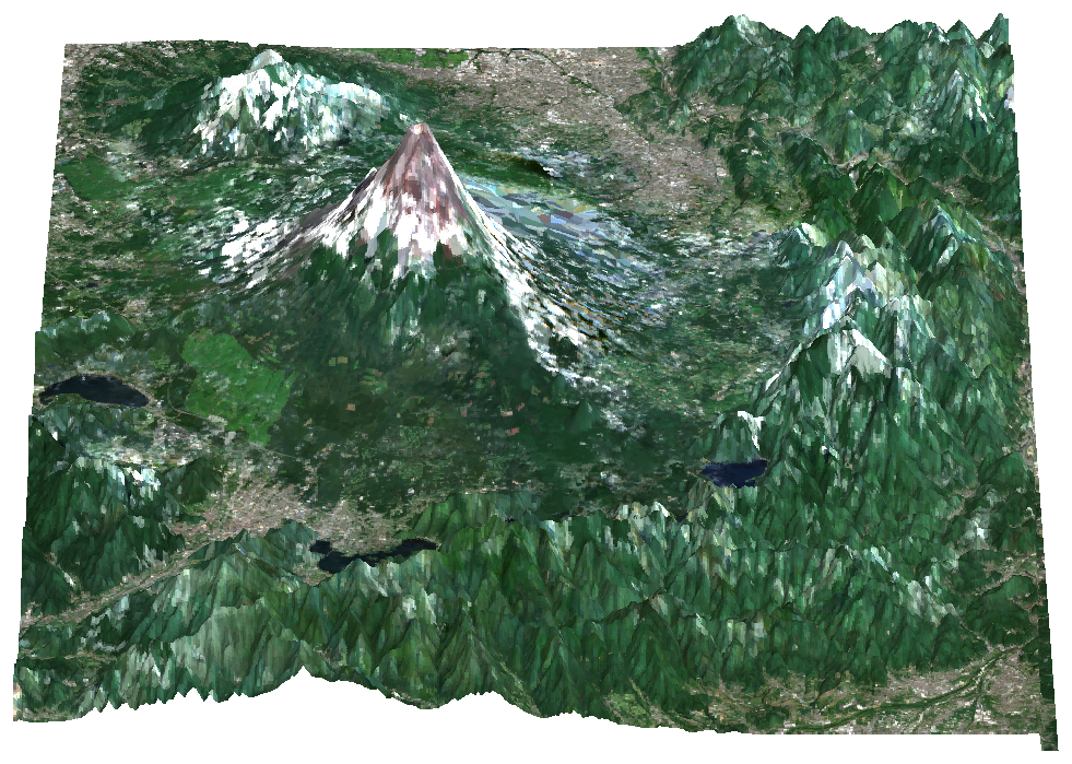 2026年8月のSentinel-2合成による夏の富士山鳥瞰図。積雪がほぼ消え、赤茶けた山肌が露出している