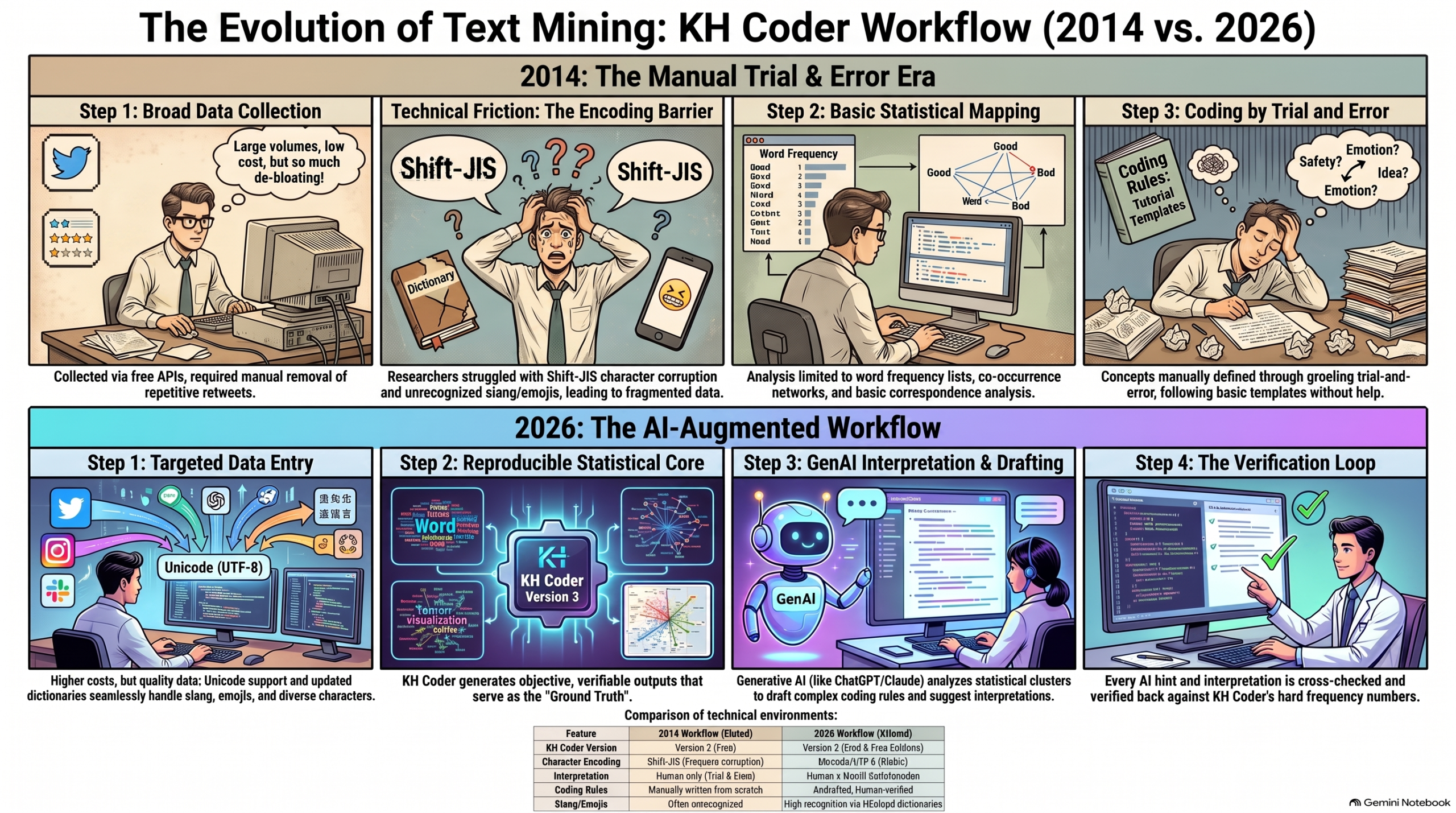 2014年の手作業ワークフローと2026年の生成AI併用ワークフローを比較した図