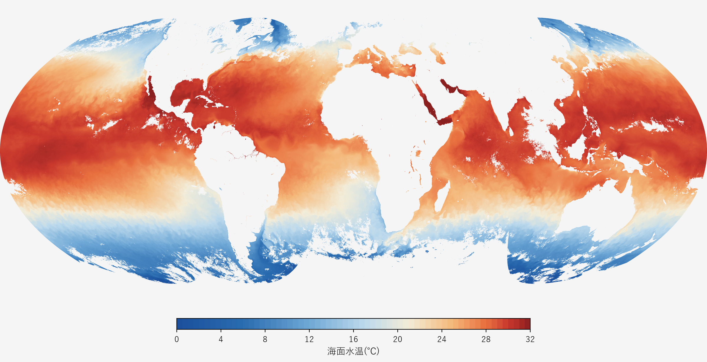 ひまわり9号・GOES-18/19・Meteosat2機の海面水温の11日平均(2026年9月20〜30日)。モルワイデ図法。暖かいほど赤く、白い所は陸と、期間中ずっと雲に覆われていた海。南北60度より高緯度は静止衛星から見えない。