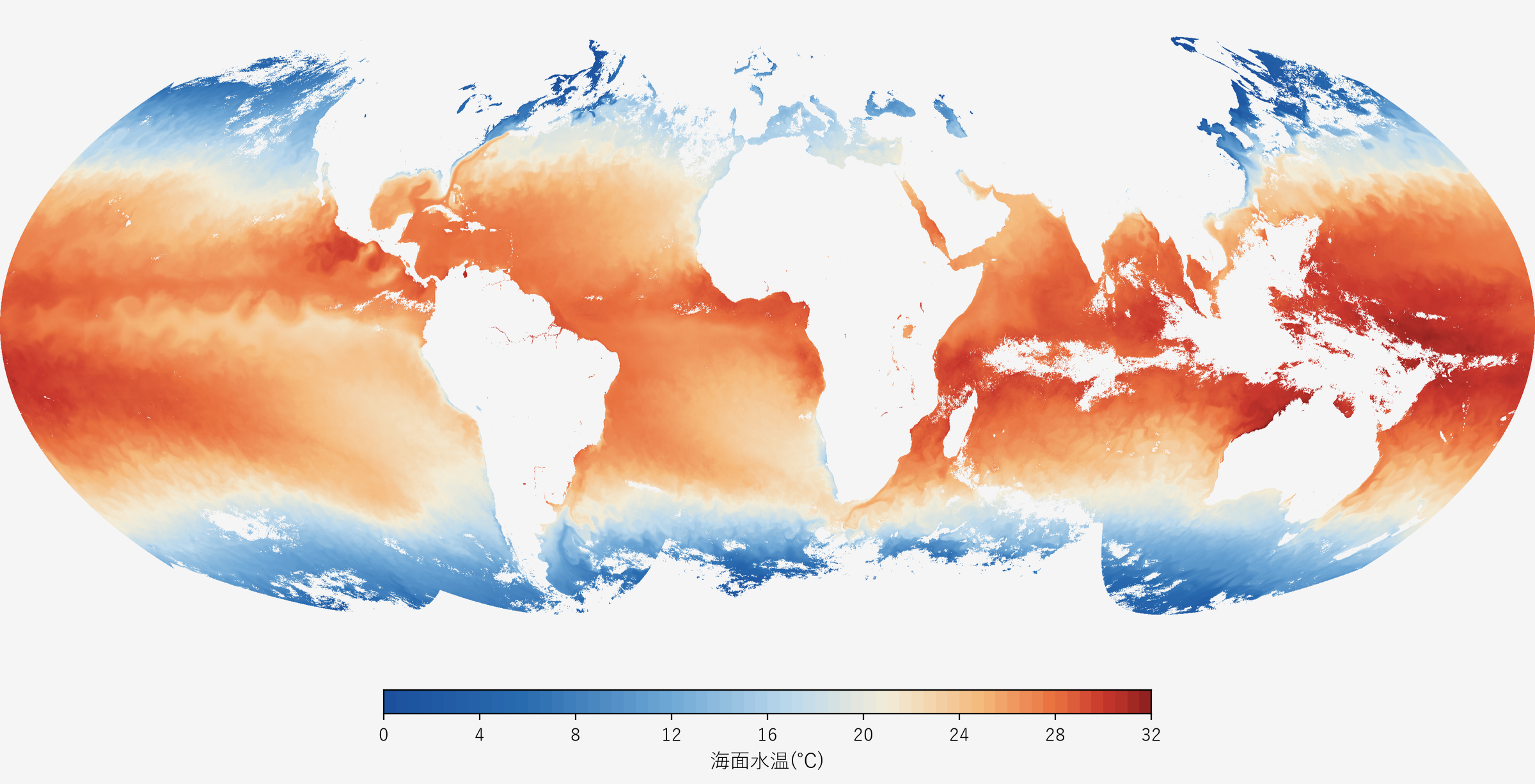 静止気象衛星による海面水温の10日平均(2026年1月1〜10日)。モルワイデ図法。暖かいほど赤く、白い所は陸と、期間中ずっと雲に覆われていた海。9月の図と同じ色の目盛り。